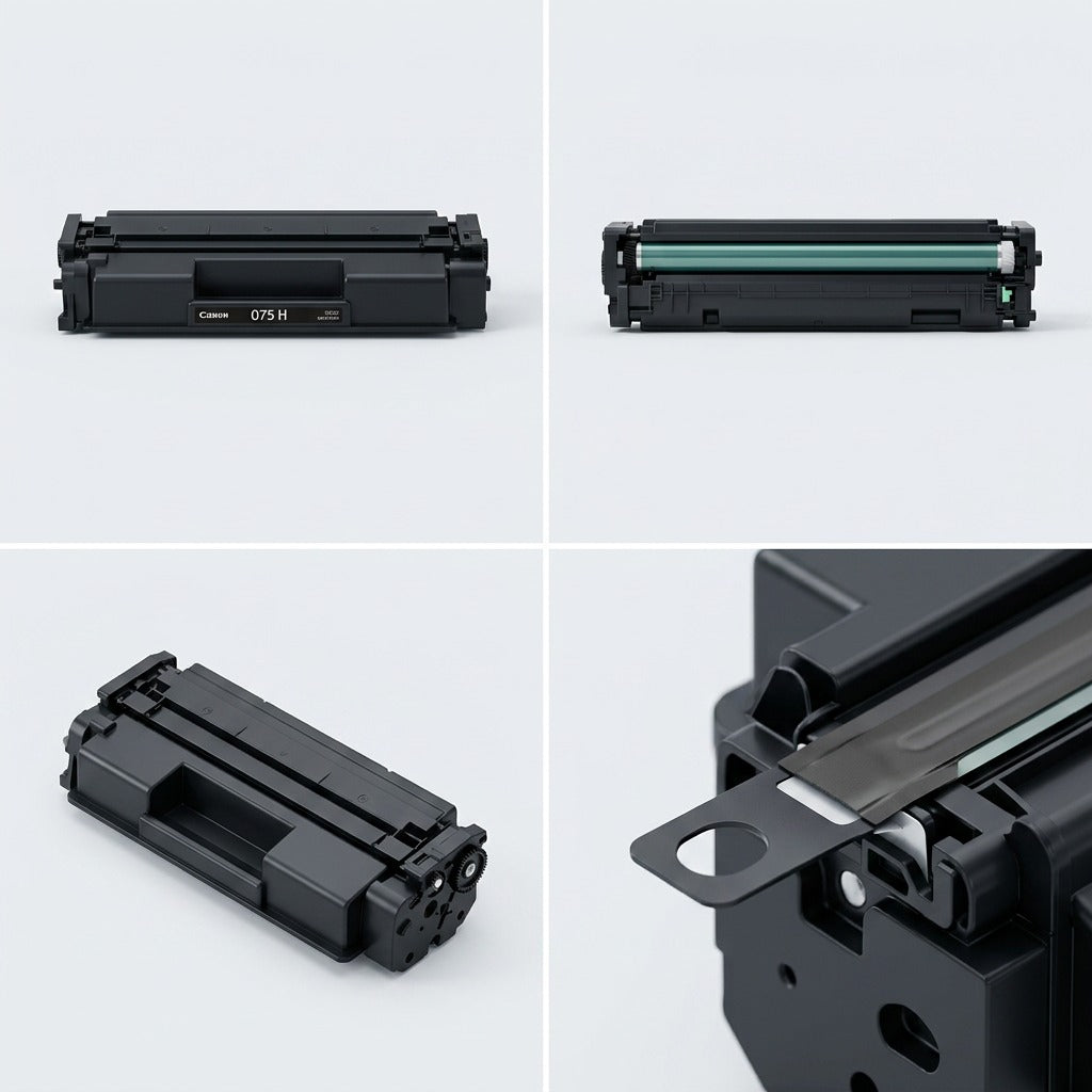 Four-panel view of a Canon 075 High Capacity Black Toner Cartridge showing front, roller, and seal.