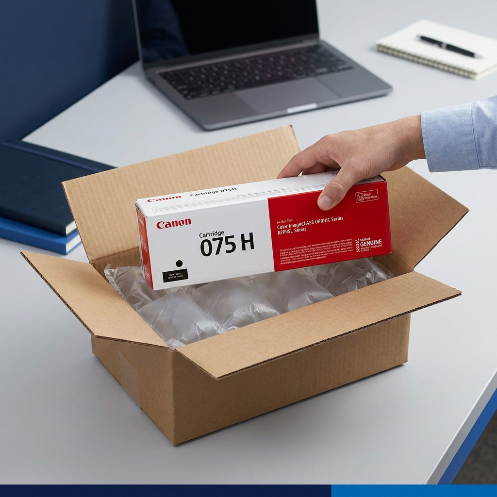 Person unboxing a Canon 075 High Capacity Black Toner cartridge from a secure shipping box.