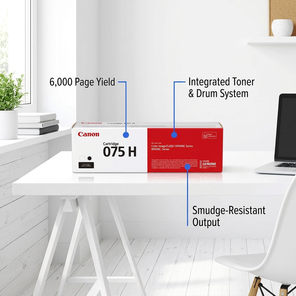Canon 075 H high capacity toner box on a desk with 6,000 page yield and smudge-resistant features.