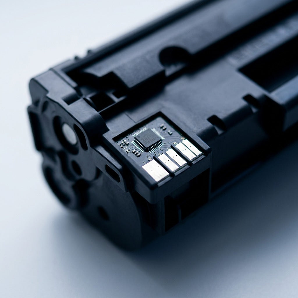 Macro detail of the intelligence chip and gold contact points on a Canon 075 Black Toner Cartridge.