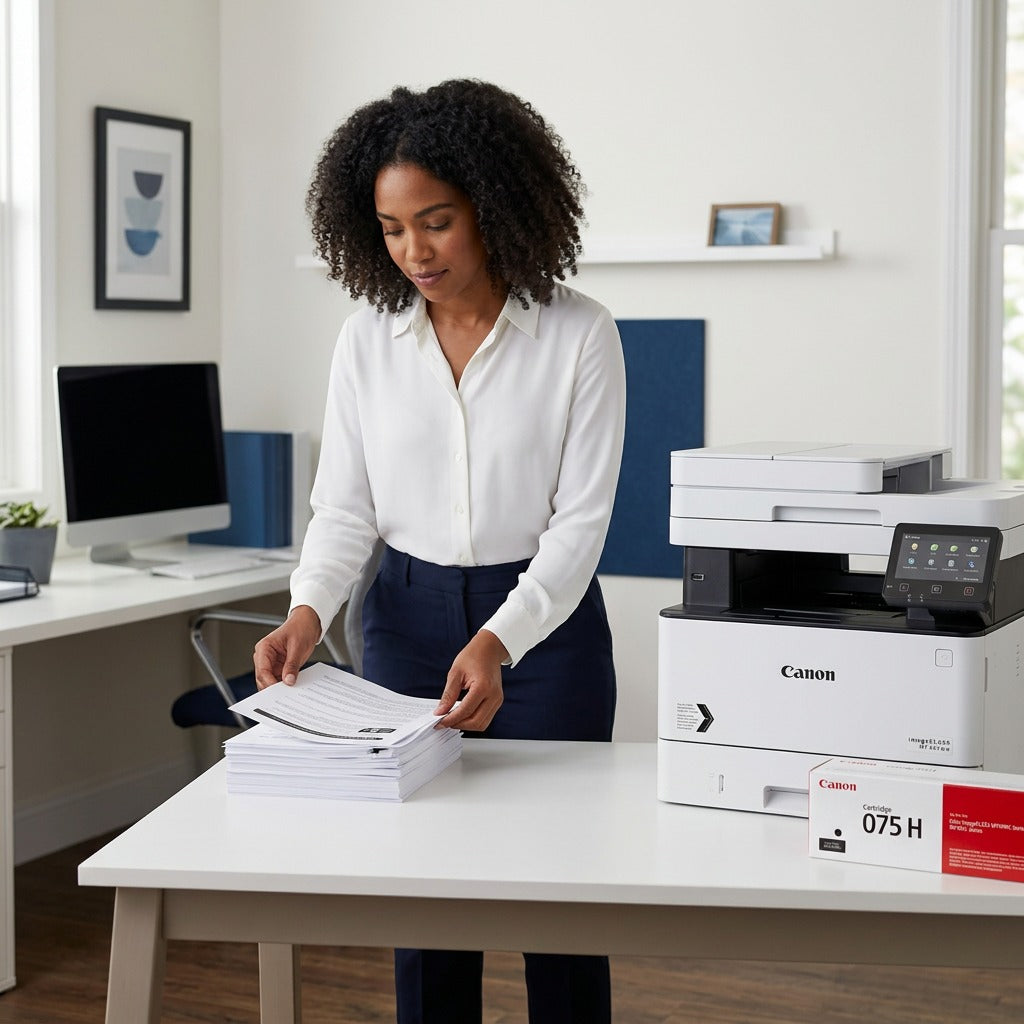 A professional organizing printed documents beside a Canon printer and Canon 075 Black Toner box.