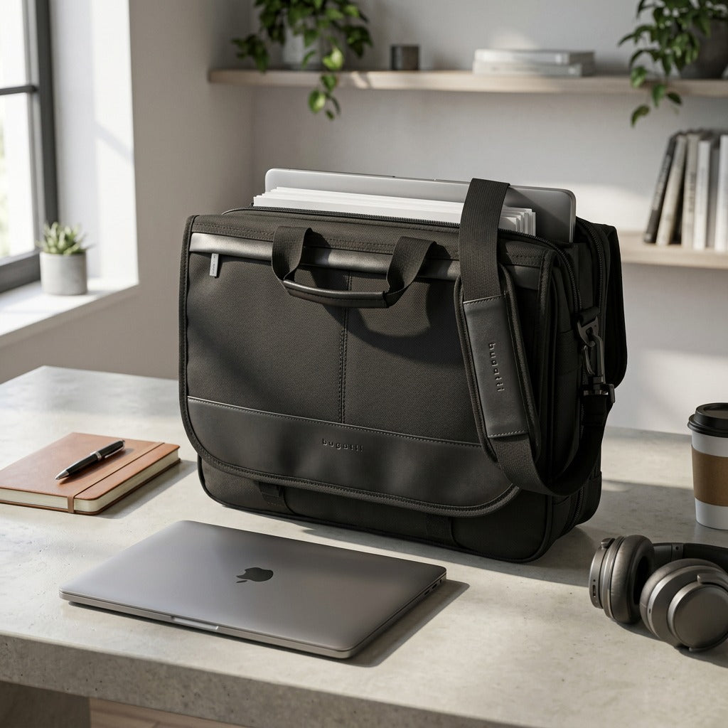 Bugatti Gregory Associate Briefcase on a office desk next to a laptop and notebook for scale.