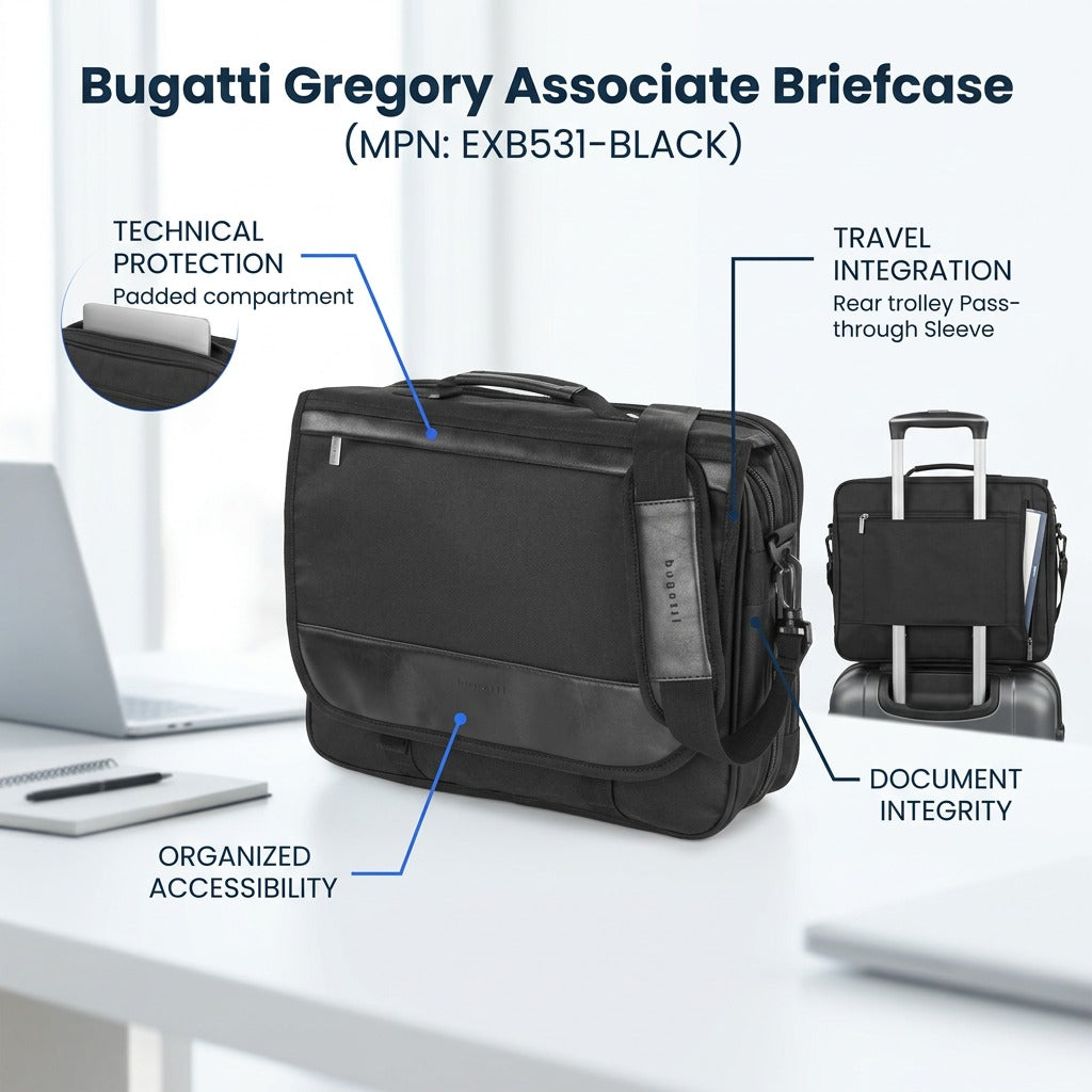 Bugatti Gregory Briefcase feature callouts: laptop padding, trolley sleeve, and organizer pocket.