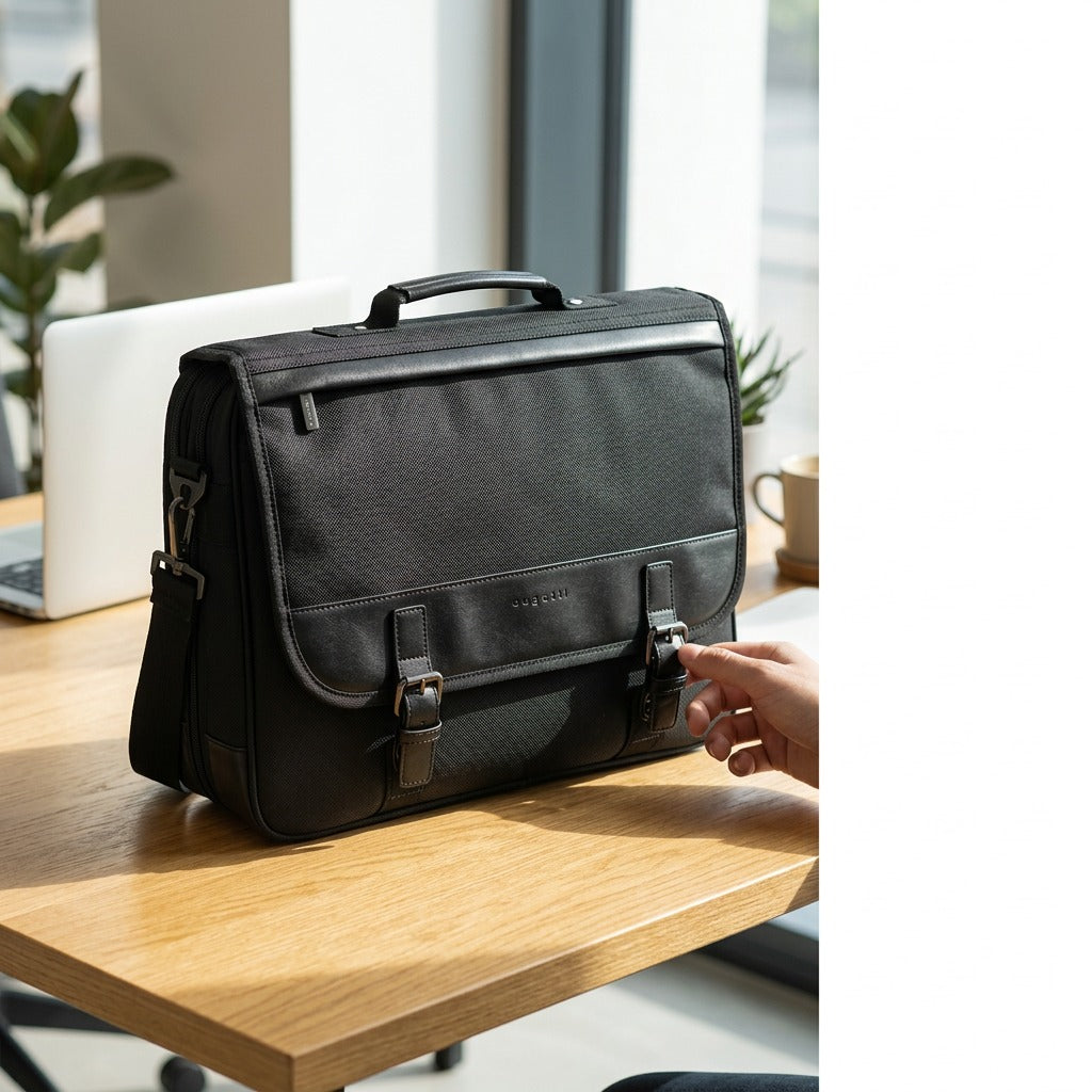 Black Bugatti Gregory Associate Briefcase on a light oak desk in a modern, bright office setting.