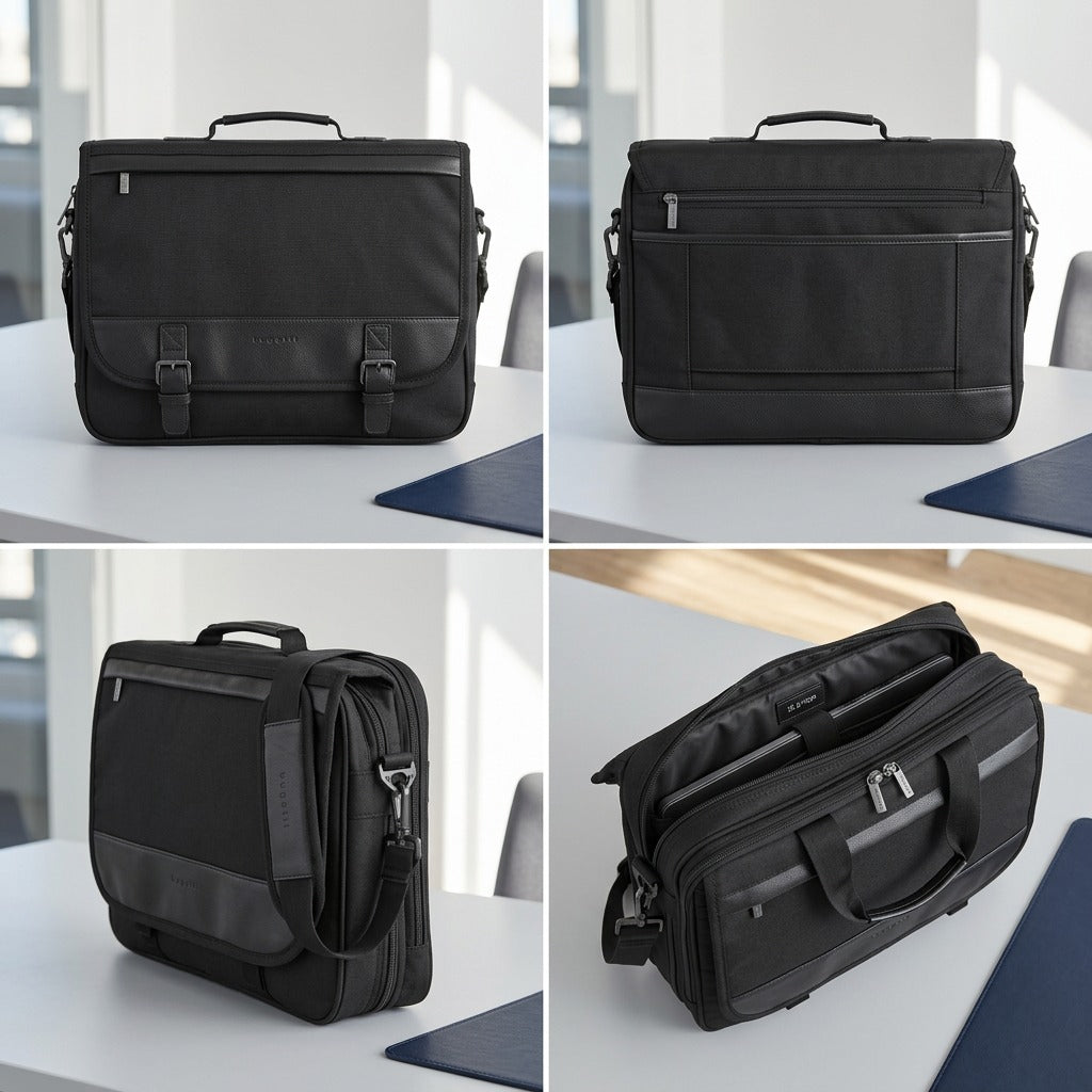 Four-view grid of the Bugatti Gregory black briefcase showing the front, back, profile, and interior.