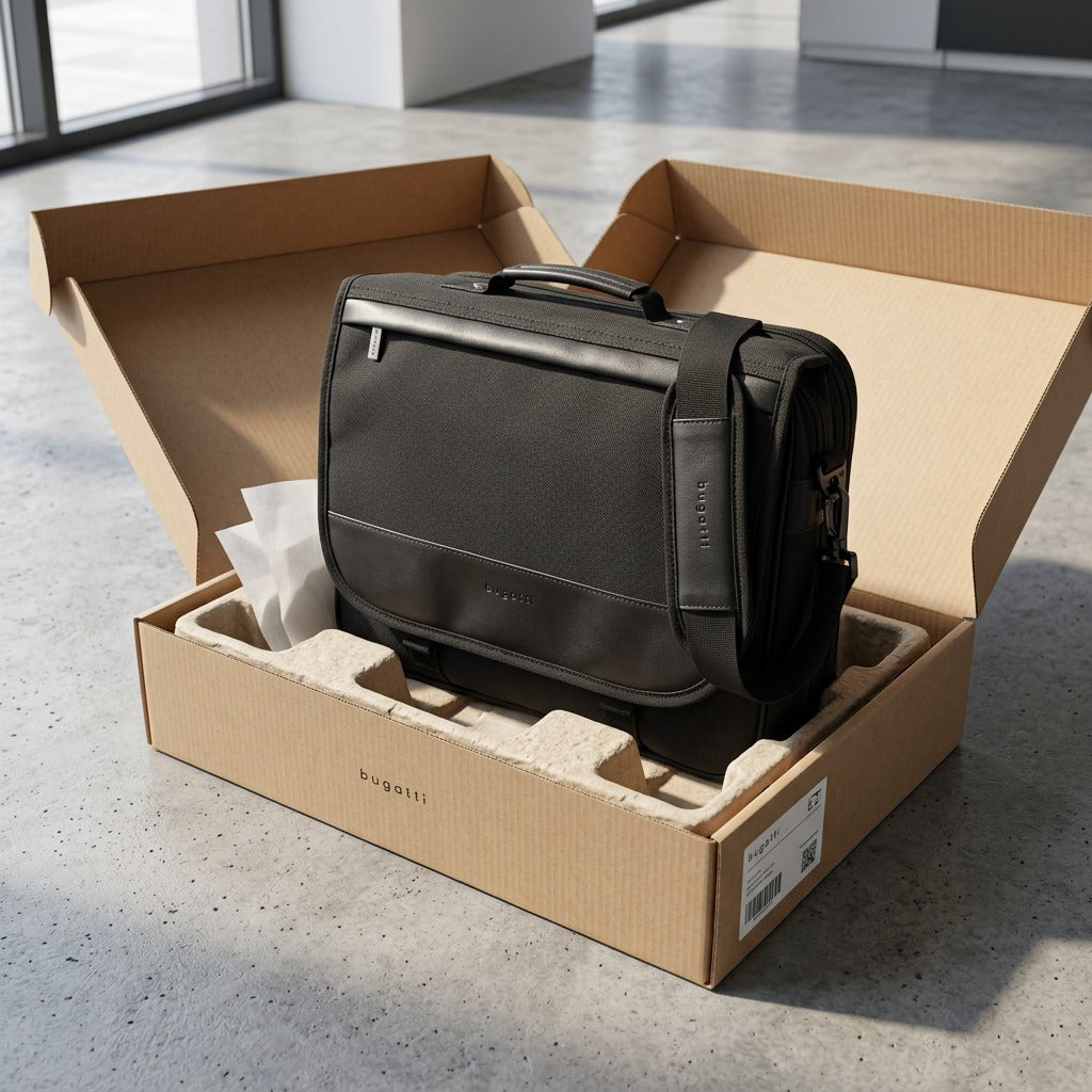 Bugatti Gregory Associate black briefcase unboxing from secure cardboard shipping package.