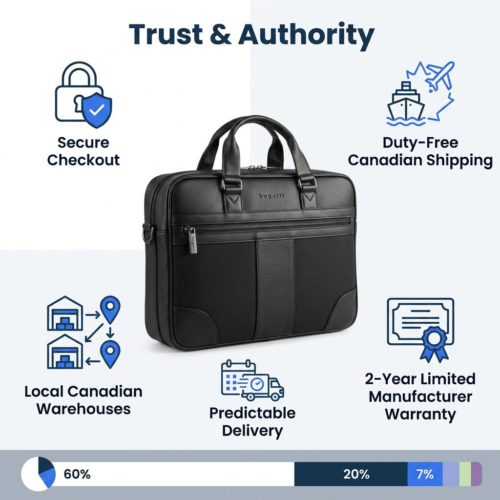 Bugatti Gregory black briefcase infographic highlighting secure checkout and Canadian shipping.