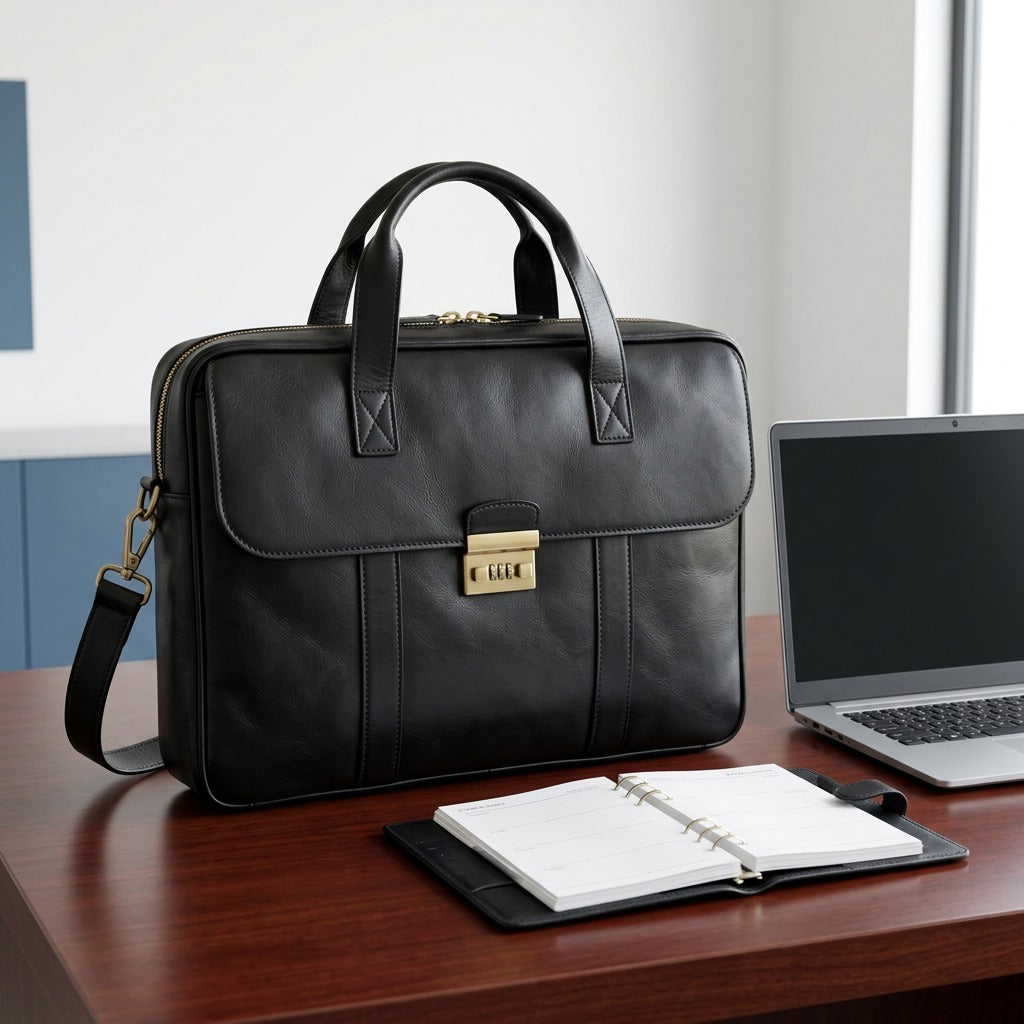 Black Mancini leather briefcase on a desk next to a laptop and planner for scale reference.