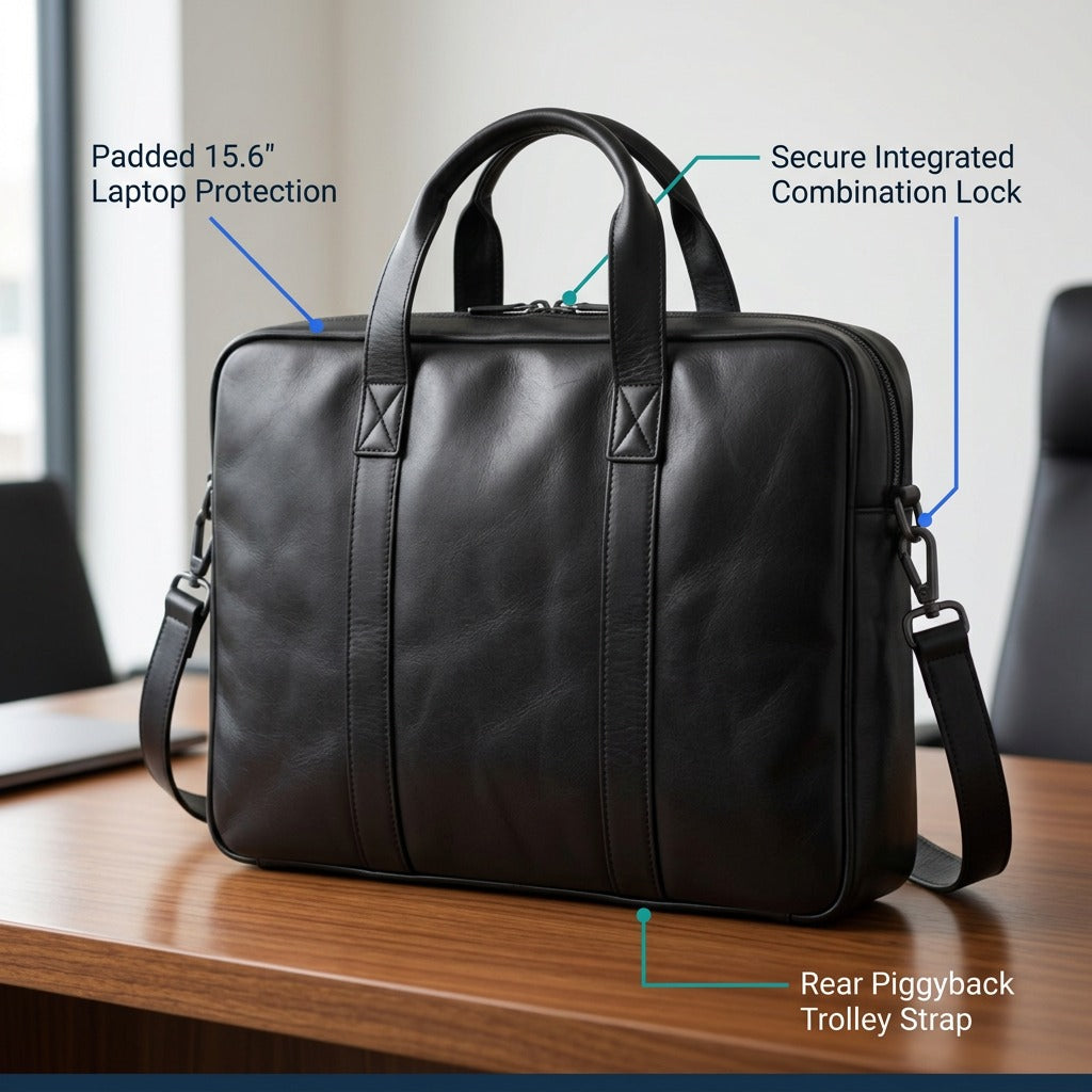 Black Mancini leather Porthole briefcase showing laptop protection, lock, and trolley strap features.