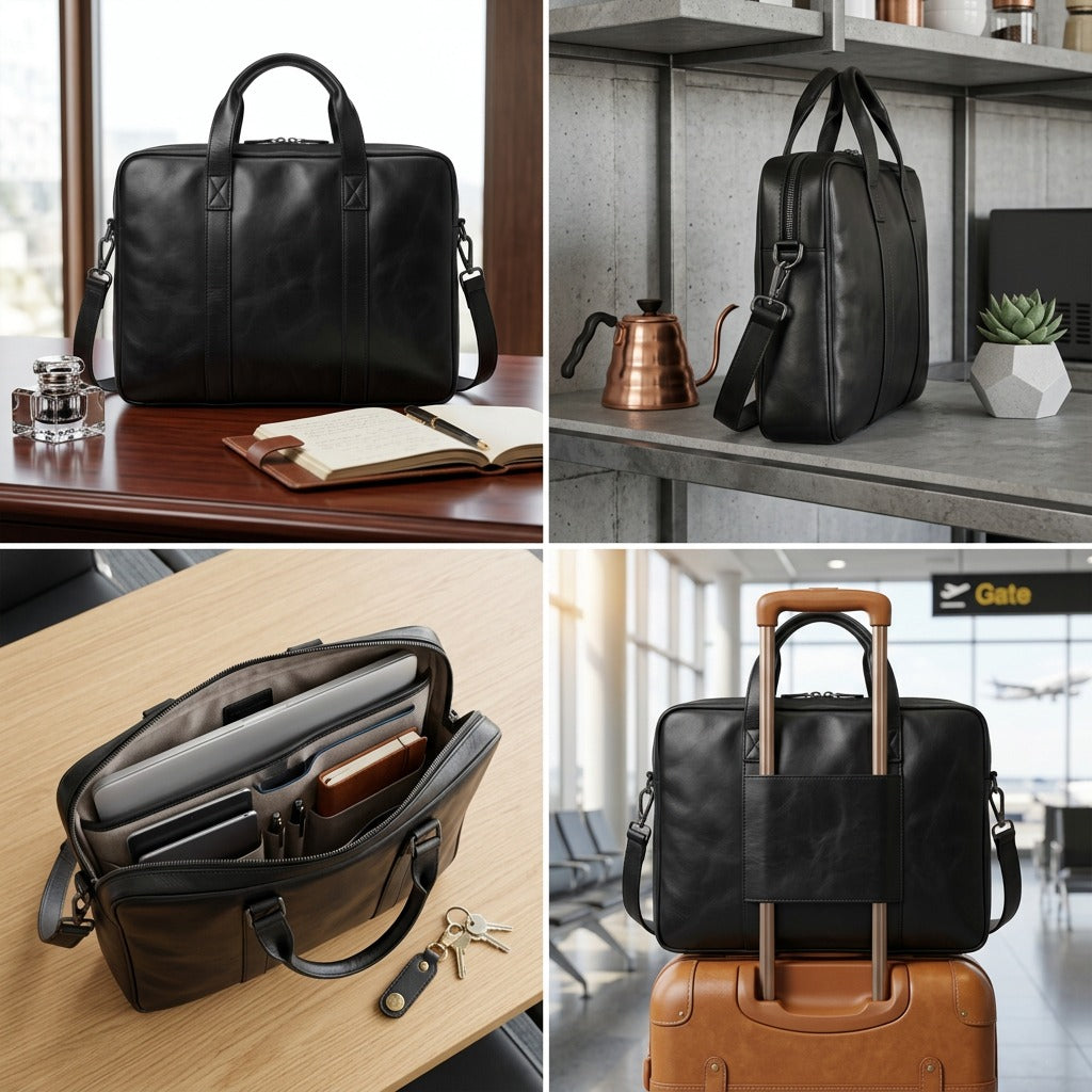Four views of the black Mancini Porthole Leather Briefcase showing front, side, and interior laptop storage.