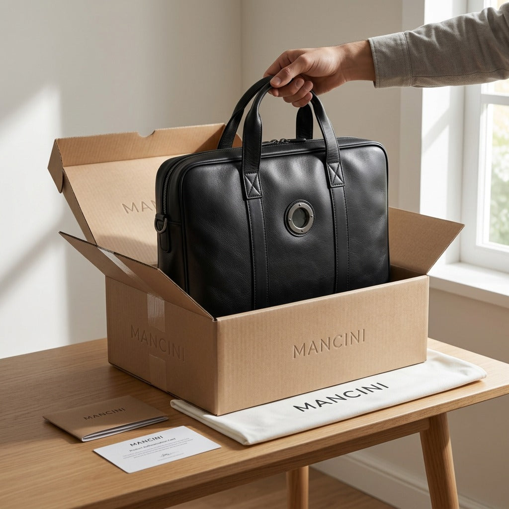 A black Mancini Porthole leather briefcase being lifted out of its Mancini-branded cardboard box.