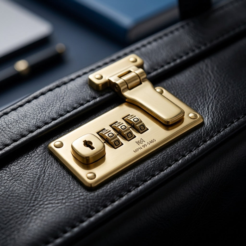 Macro detail of the brass-tone combination lock and stitching on the black Mancini leather briefcase.