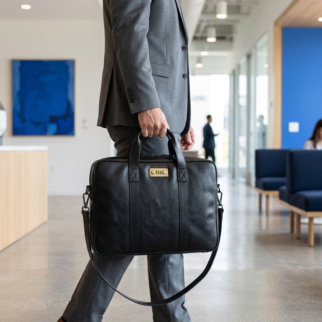 Professional in a gray suit carrying the Mancini black leather Porthole Briefcase in an office.