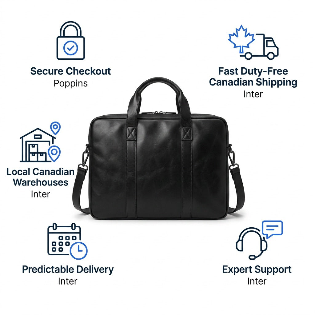 Black Mancini Porthole Briefcase with icons for Secure Checkout and Fast Canadian Shipping.