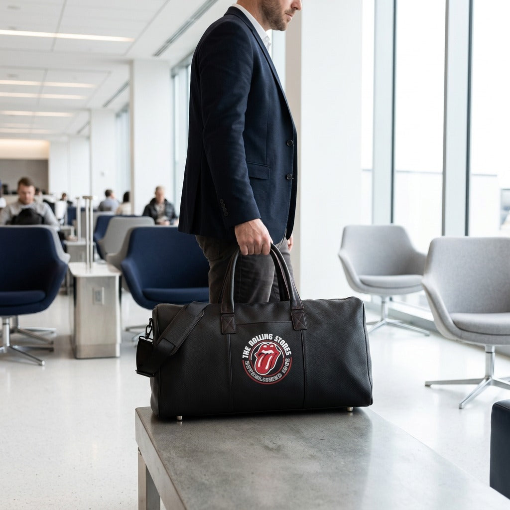 Person in a professional lounge holding a black Bugatti The Rolling Stones leather duffle bag.