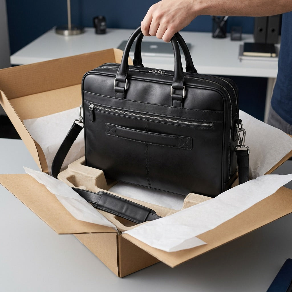A black Mancini Leather Briefcase being unboxed from a cardboard shipping box with tissue paper.