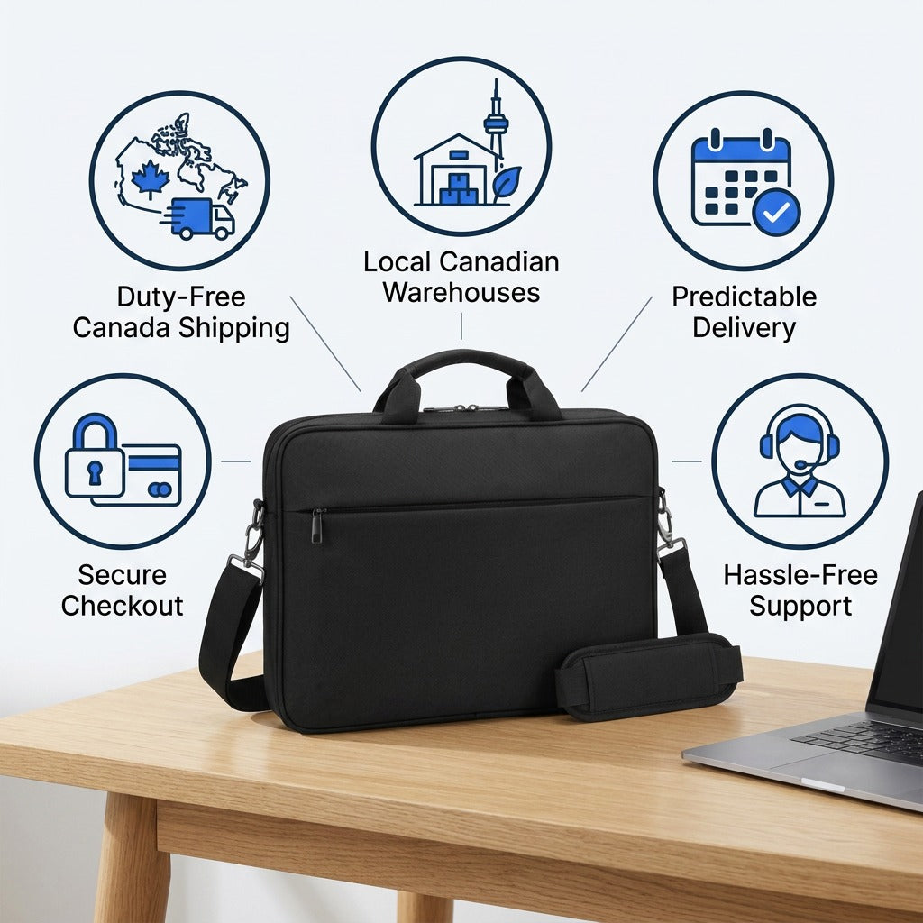 Nextech Nxt Poly 15.6 Laptop Bag on a desk with icons for shipping, delivery, and support.
