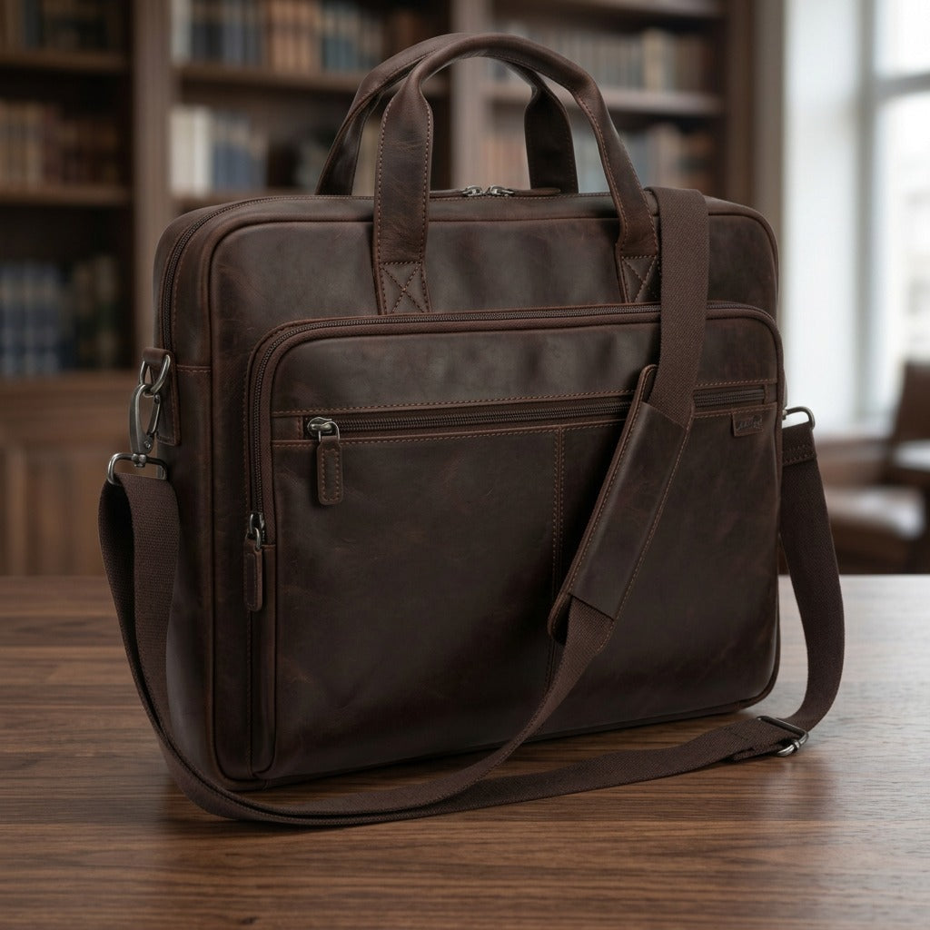 Mancini Porthole brown top-grain leather briefcase with shoulder strap on a wooden desk.