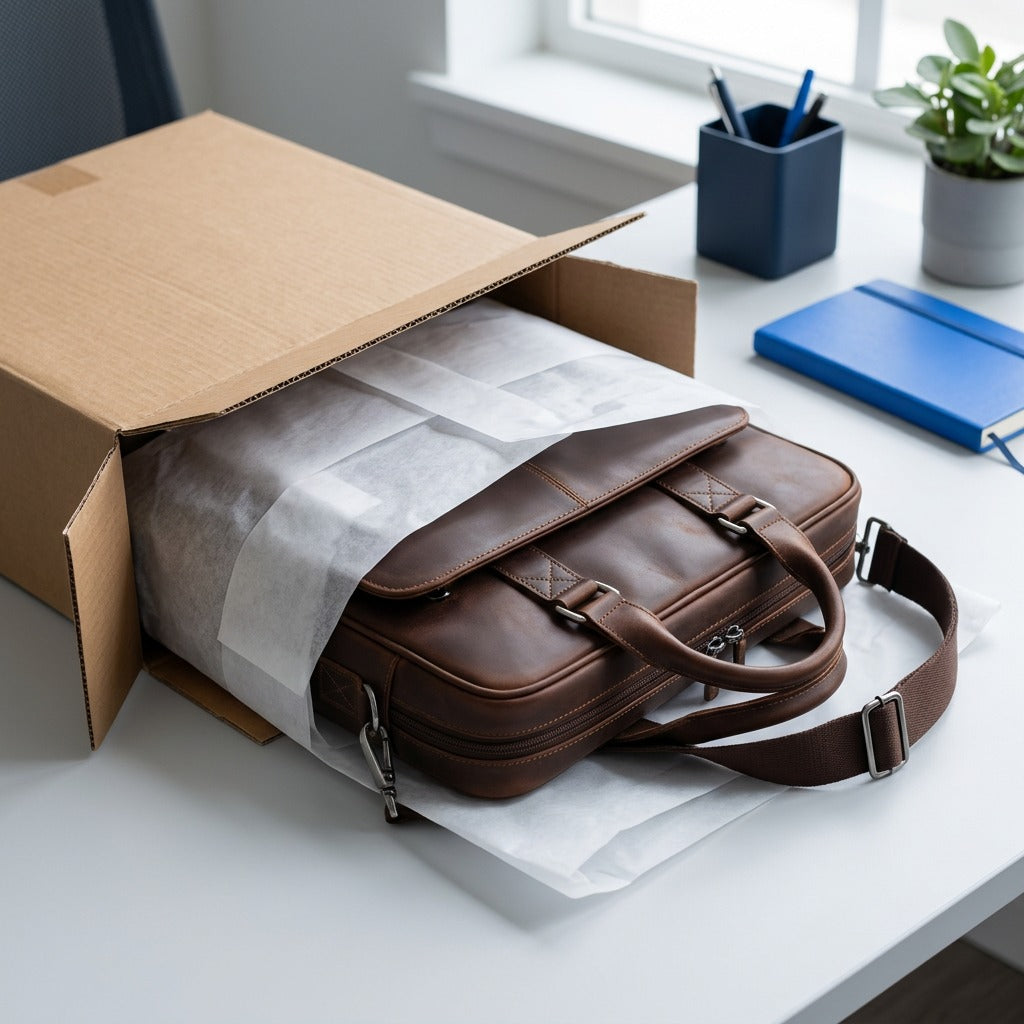 Brown leather Mancini Porthole Briefcase being unboxed from a cardboard shipping package.