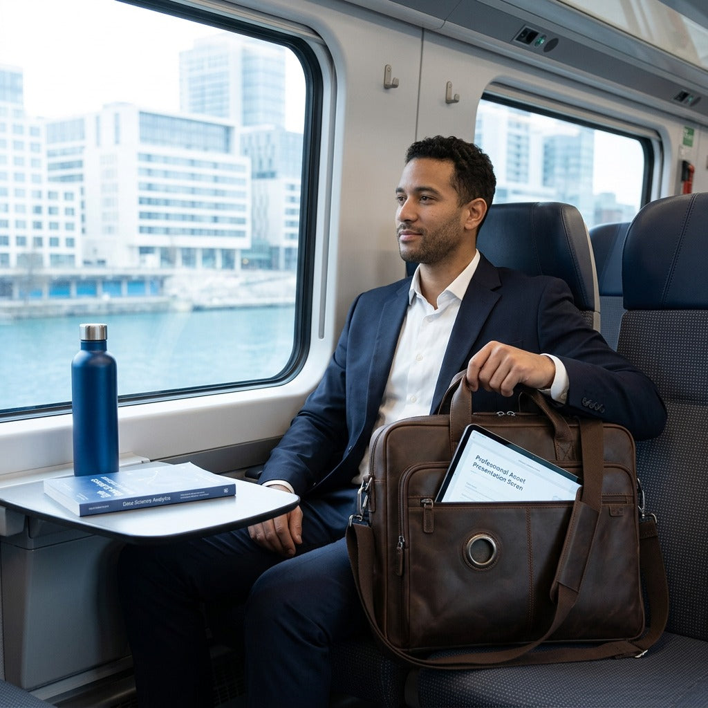 A professional man commutes with the Mancini Porthole brown leather briefcase on a bright train.