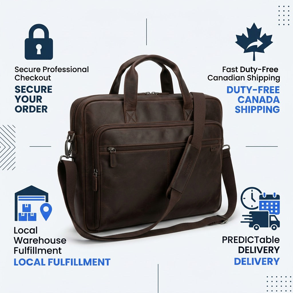 Brown Mancini leather porthole briefcase with icons for secure checkout and fast Canadian shipping.