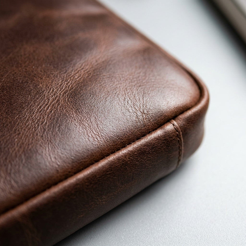 Macro detail of the Mancini Porthole Briefcase showing brown top-grain leather and tonal stitching.