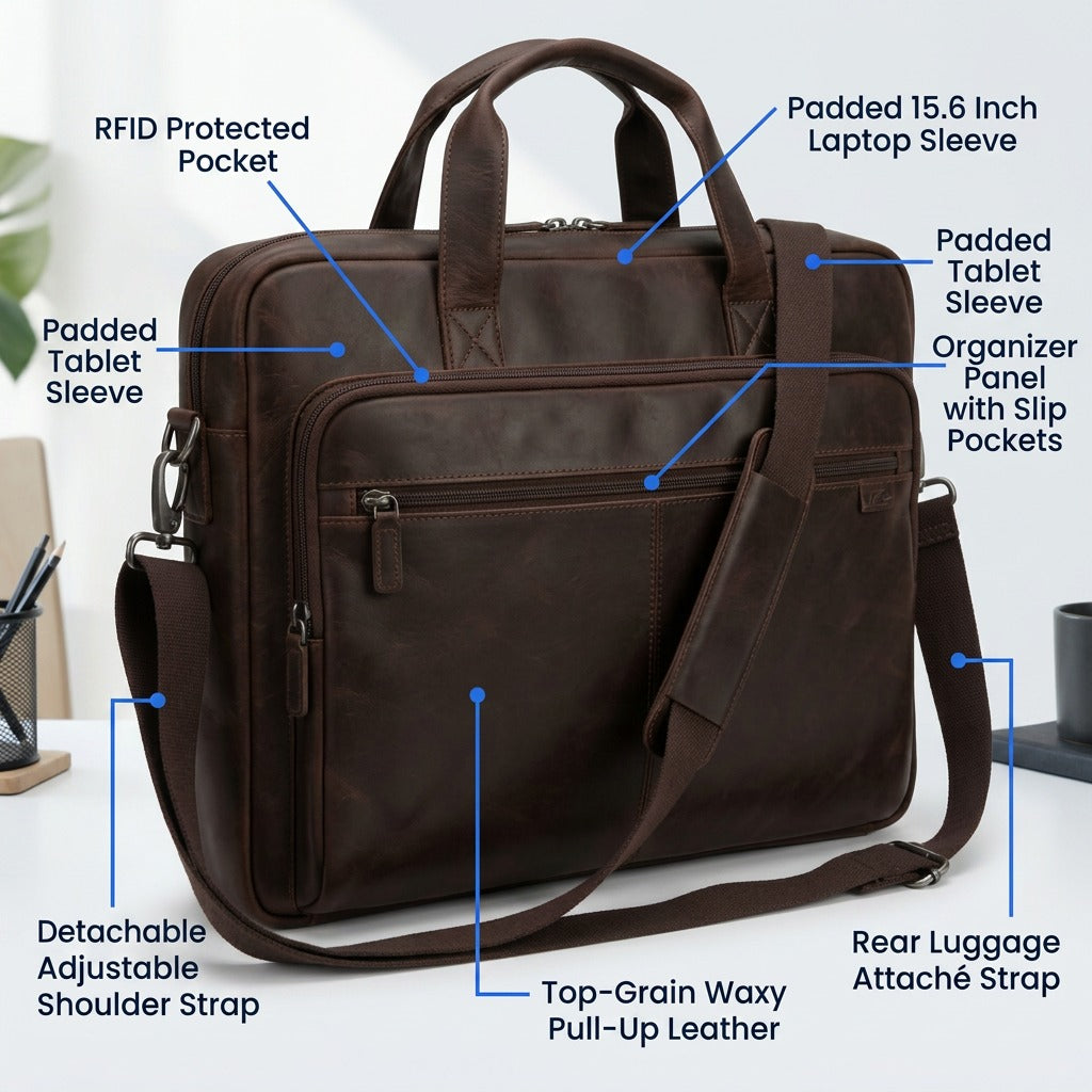 Brown Mancini Porthole Briefcase with callouts highlighting 15.6 inch laptop sleeve and RFID pocket.