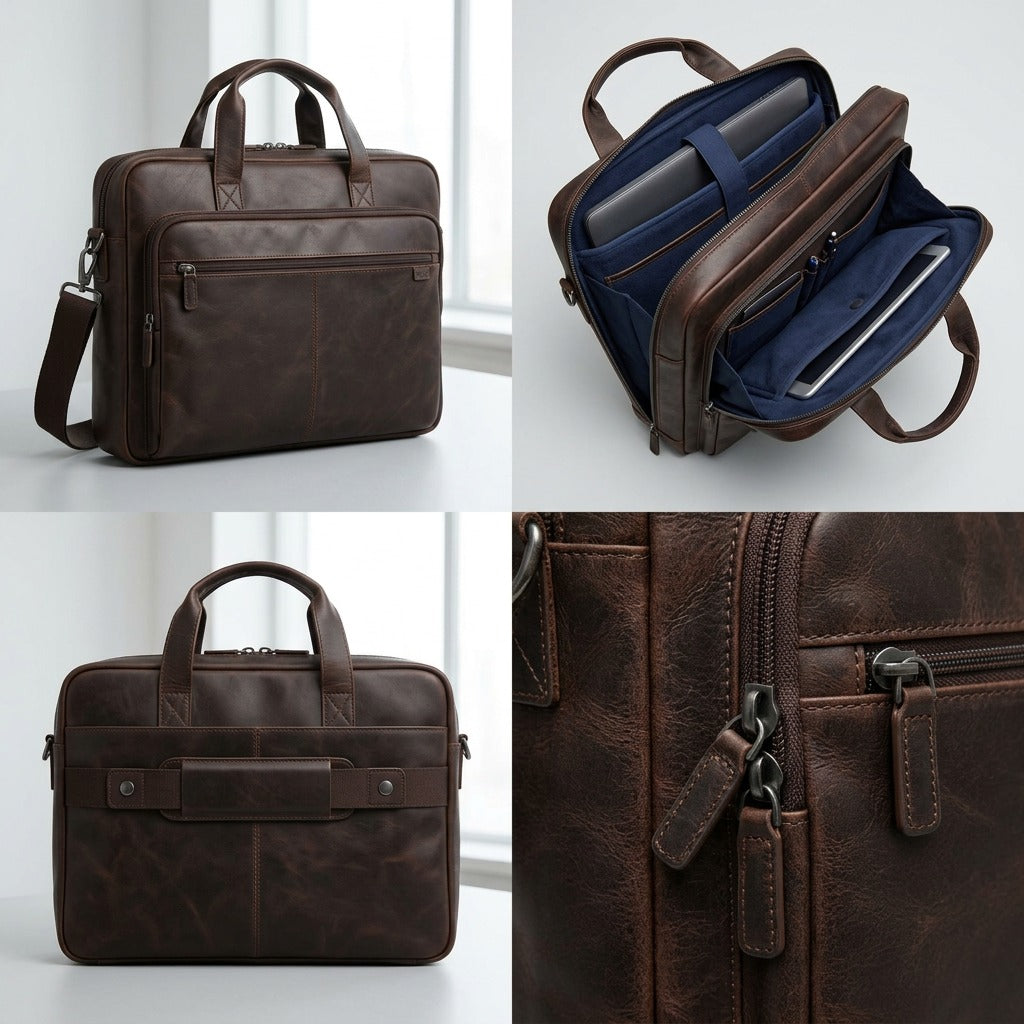 Four-panel view of Mancini Porthole Briefcase showing exterior, interior storage, and luggage strap.