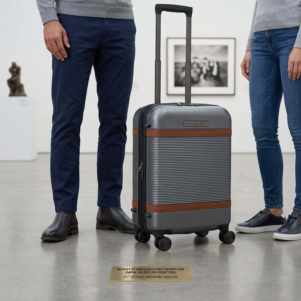 Bugatti Wellington 21-inch pewter carry-on spinner suitcase shown next to two people for scale.