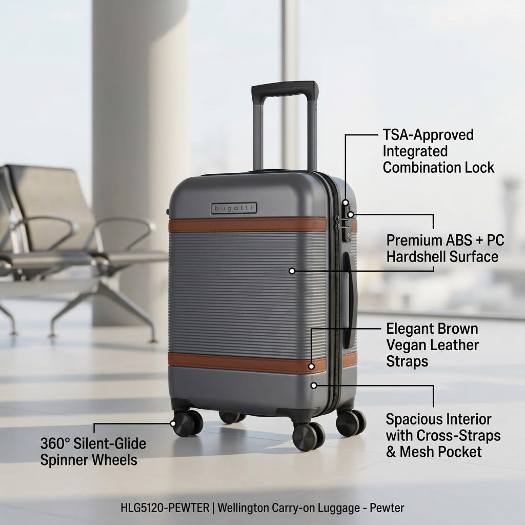 Bugatti Wellington pewter carry-on luggage diagram showing TSA lock, hardshell, and spinner wheels.