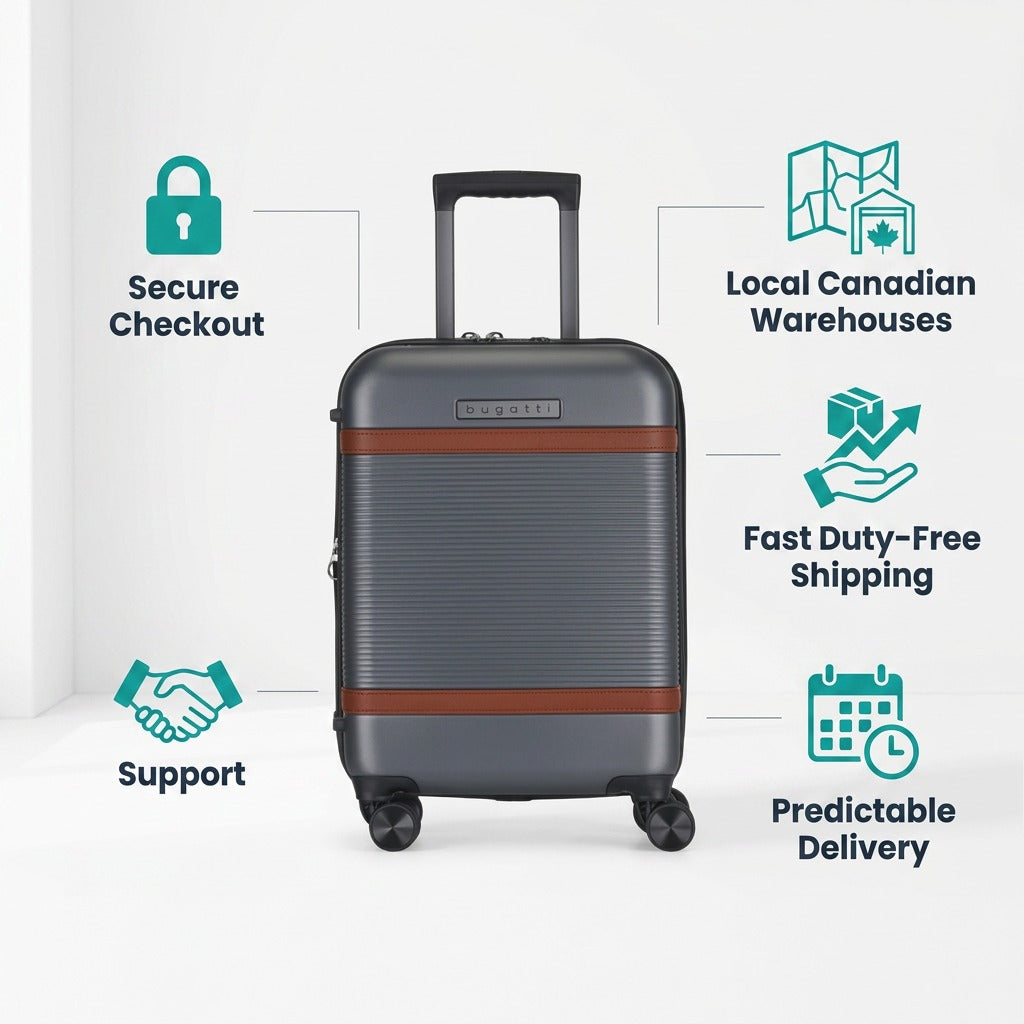 Bugatti Wellington Carry-on in pewter and brown trim with icons for secure checkout and support.