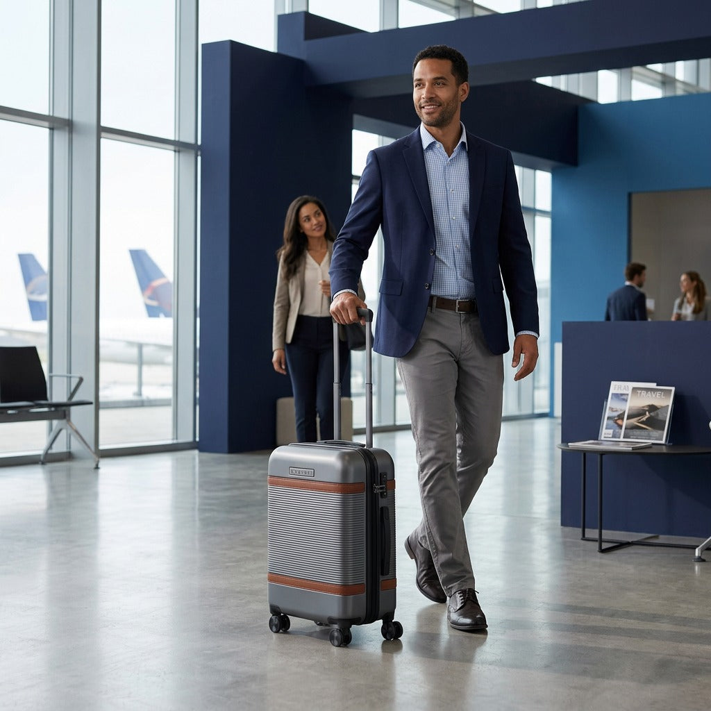 A professional man walking with the pewter Bugatti Wellington carry-on suitcase in a modern airport lounge.