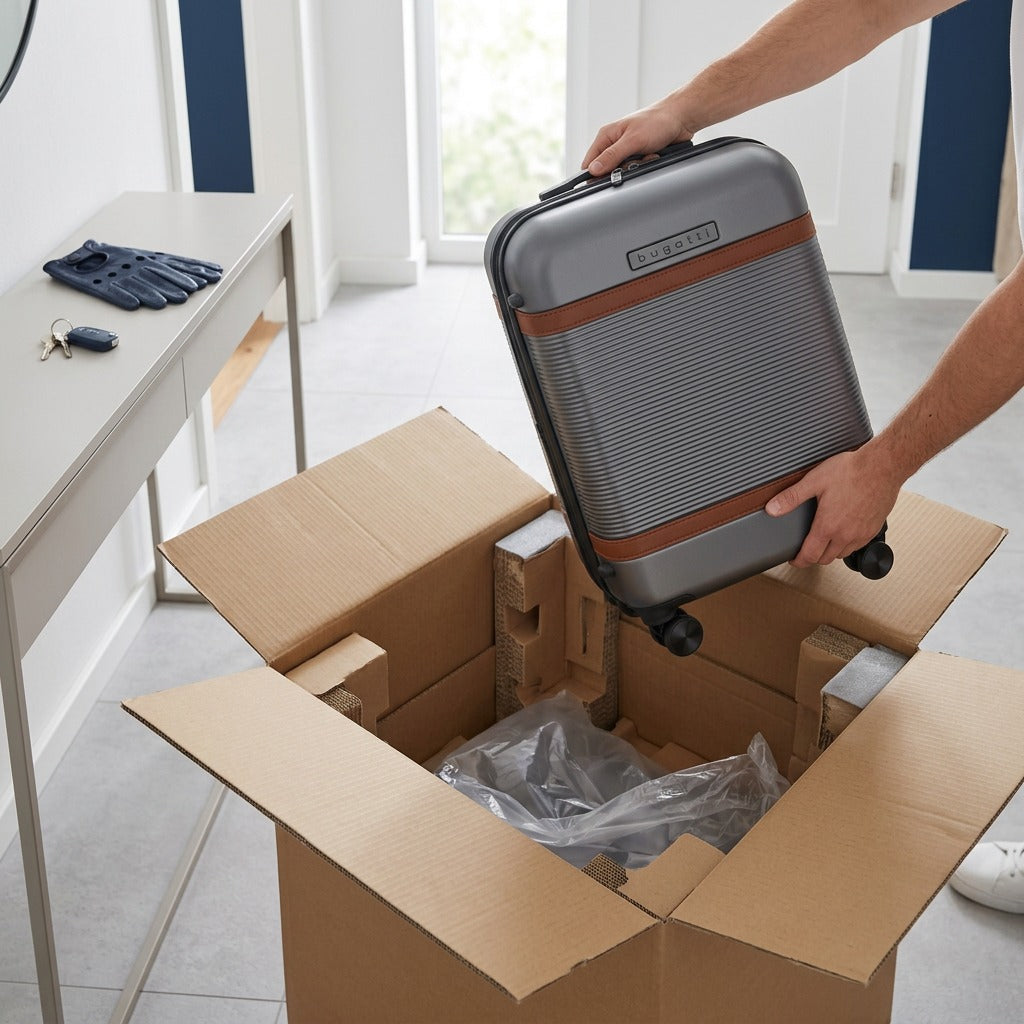Unboxing the pewter Bugatti Wellington carry-on suitcase from a shipping box with secure inserts.