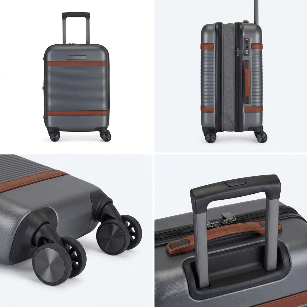 Bugatti Wellington pewter carry-on views showing expandable hardshell, spinner wheels, and handle.