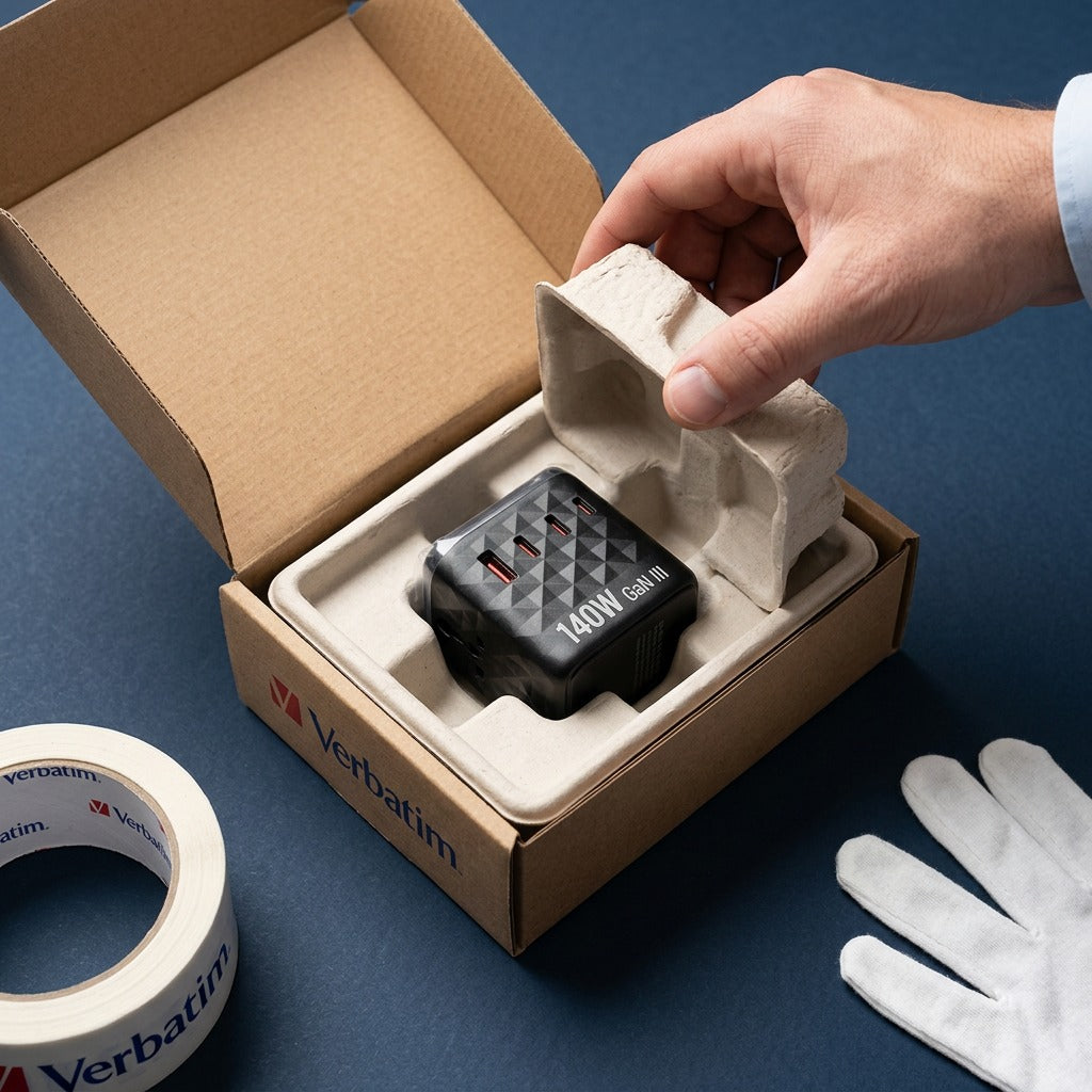 Verbatim 140W GaN III travel adapter being unboxed from a cardboard shipping box with protective inserts.