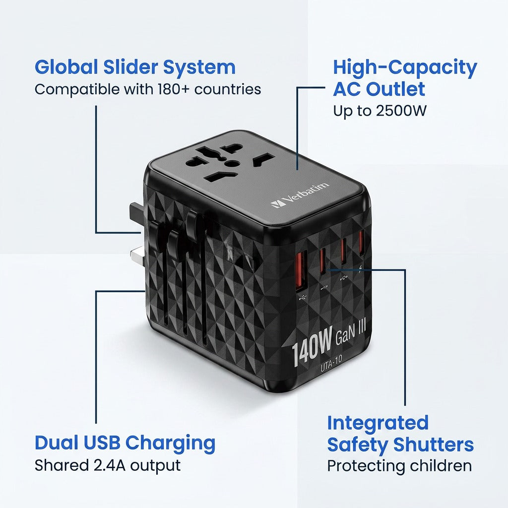 Verbatim UTA-10 travel adapter features: global slider system, AC outlet, and dual USB charging.