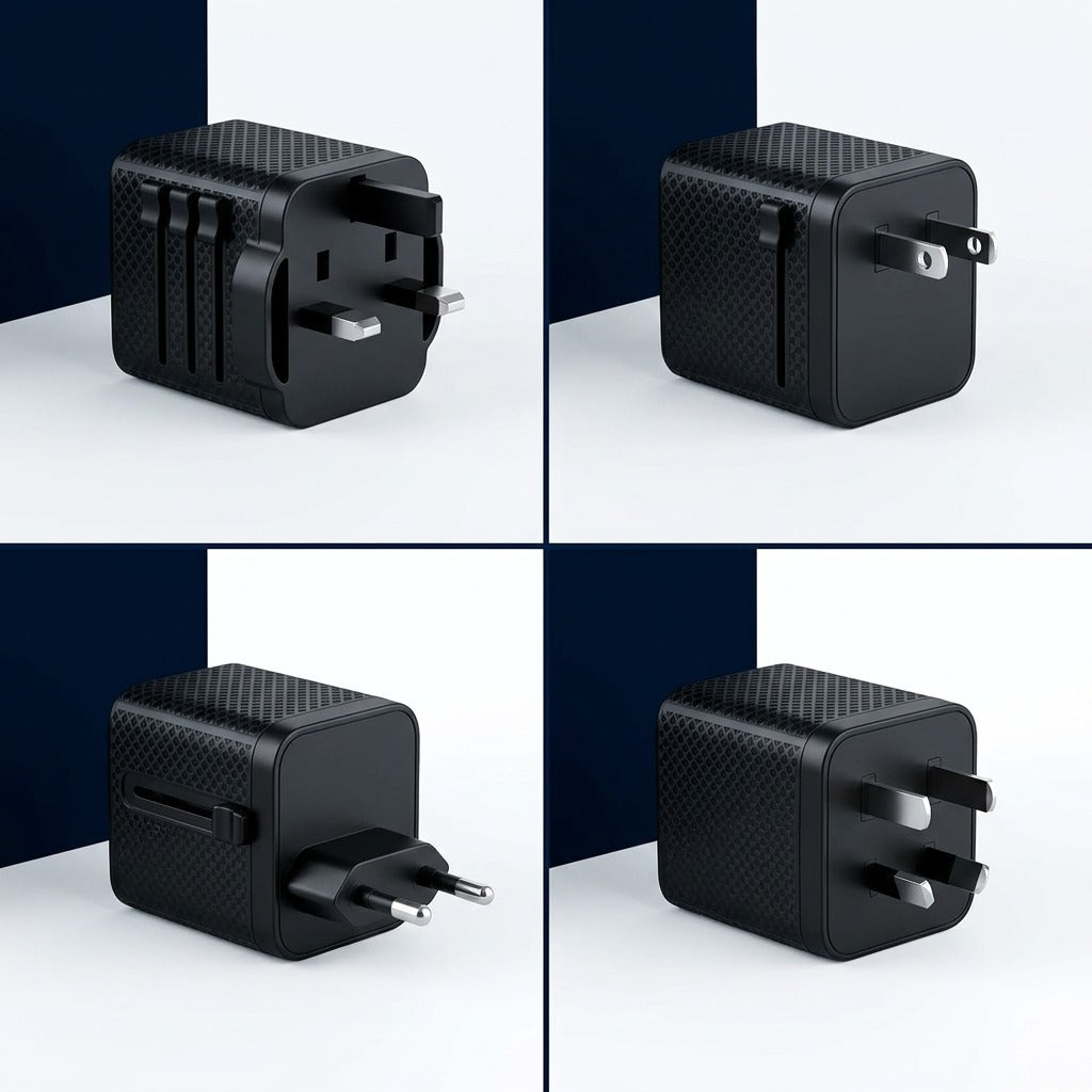 Verbatim UTA-10 travel adapter shown in a 2x2 grid with UK, US, EU, and AU plug types extended.