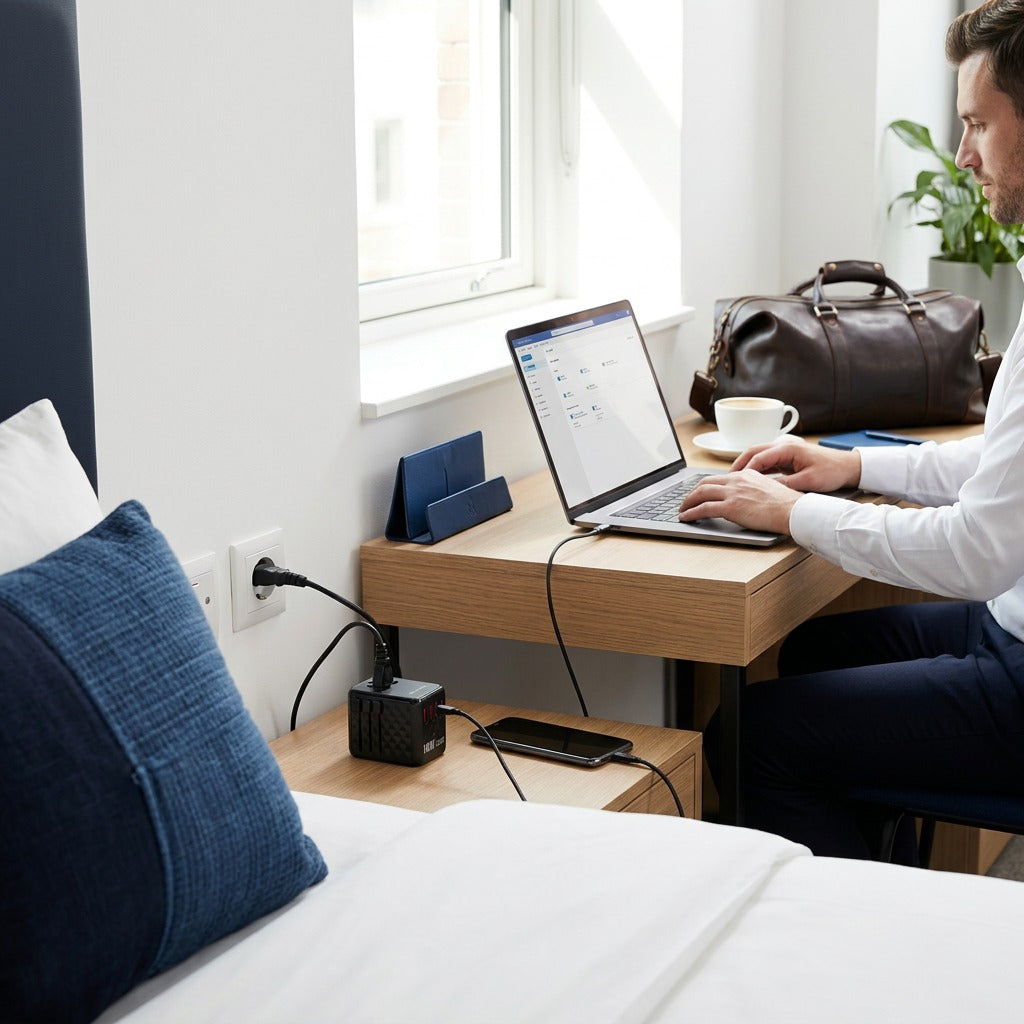 Verbatim UTA-10 universal travel adapter powering a laptop and smartphone for a professional traveler.