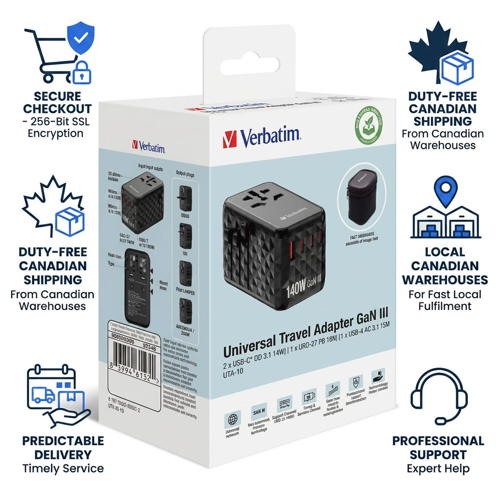 Verbatim UTA-10 adapter packaging infographic showing secure checkout and duty-free Canada shipping.