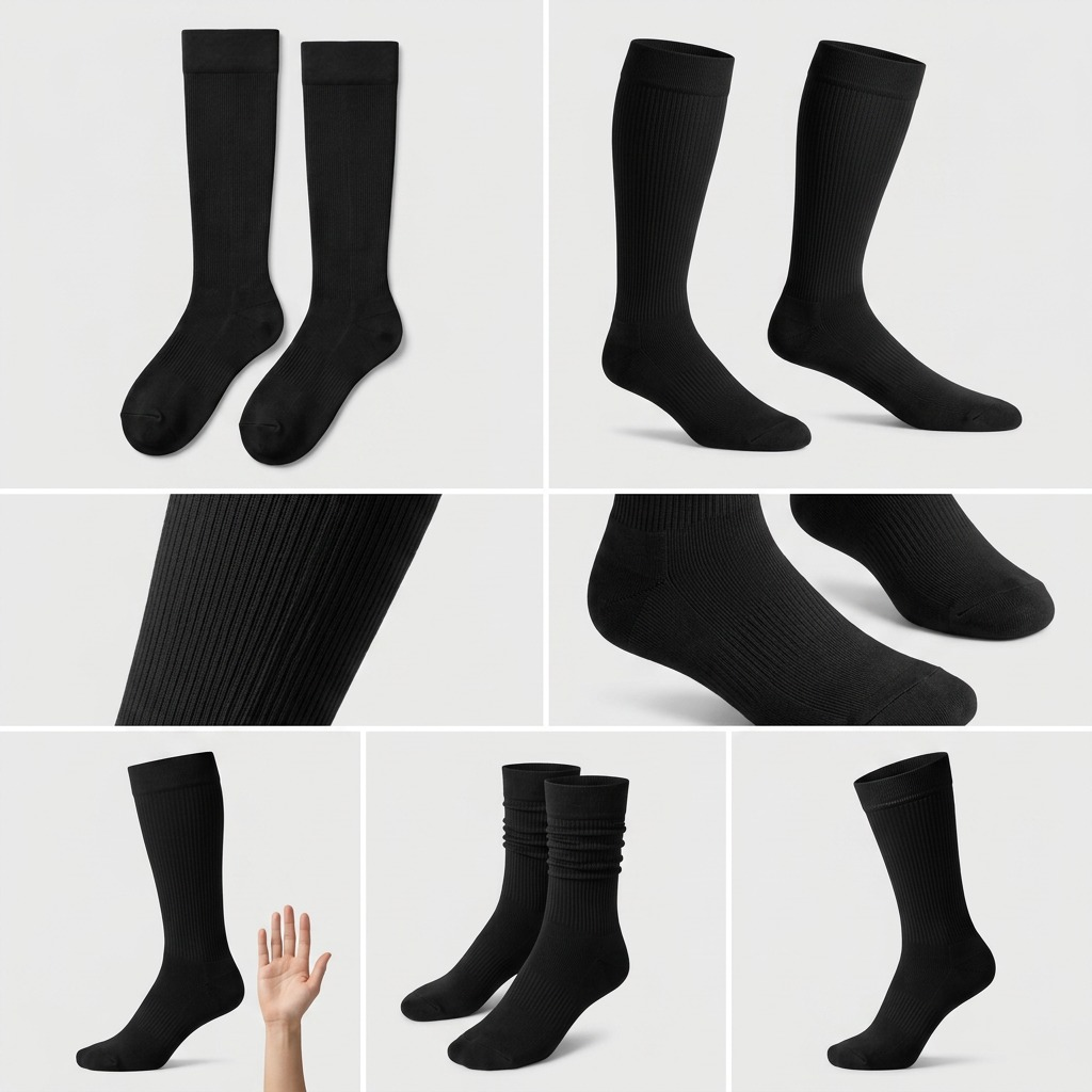 Grid display of Austin House black compression socks showing various angles and ribbed texture.