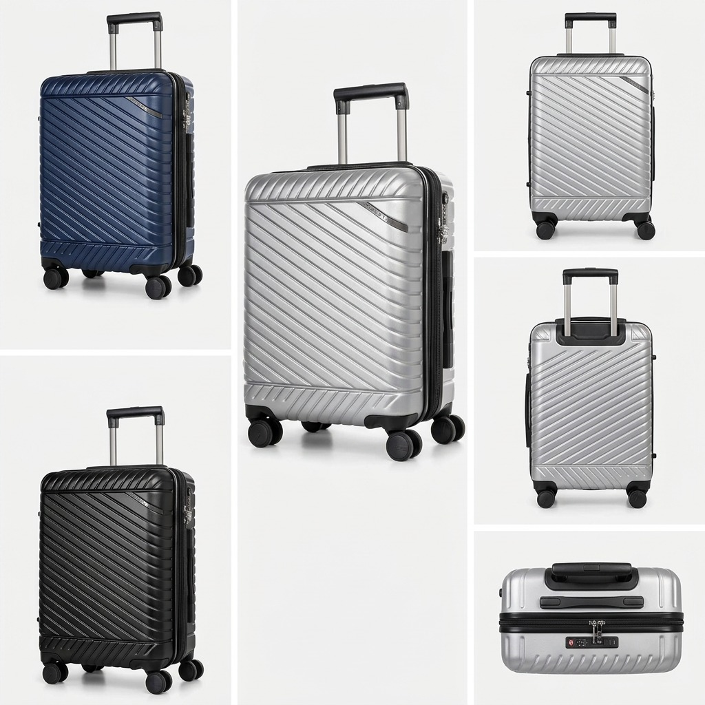 A matrix of Bugatti Oslo carry-on luggage showing navy, silver, and black polycarbonate suitcases.