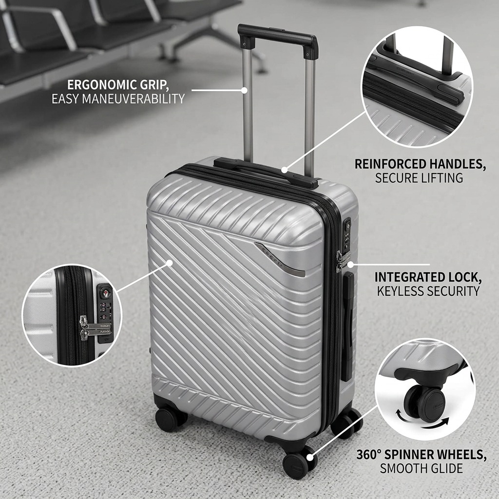 Feature graphic of the silver Bugatti Oslo carry-on showing the ergonomic grip and spinner wheels.