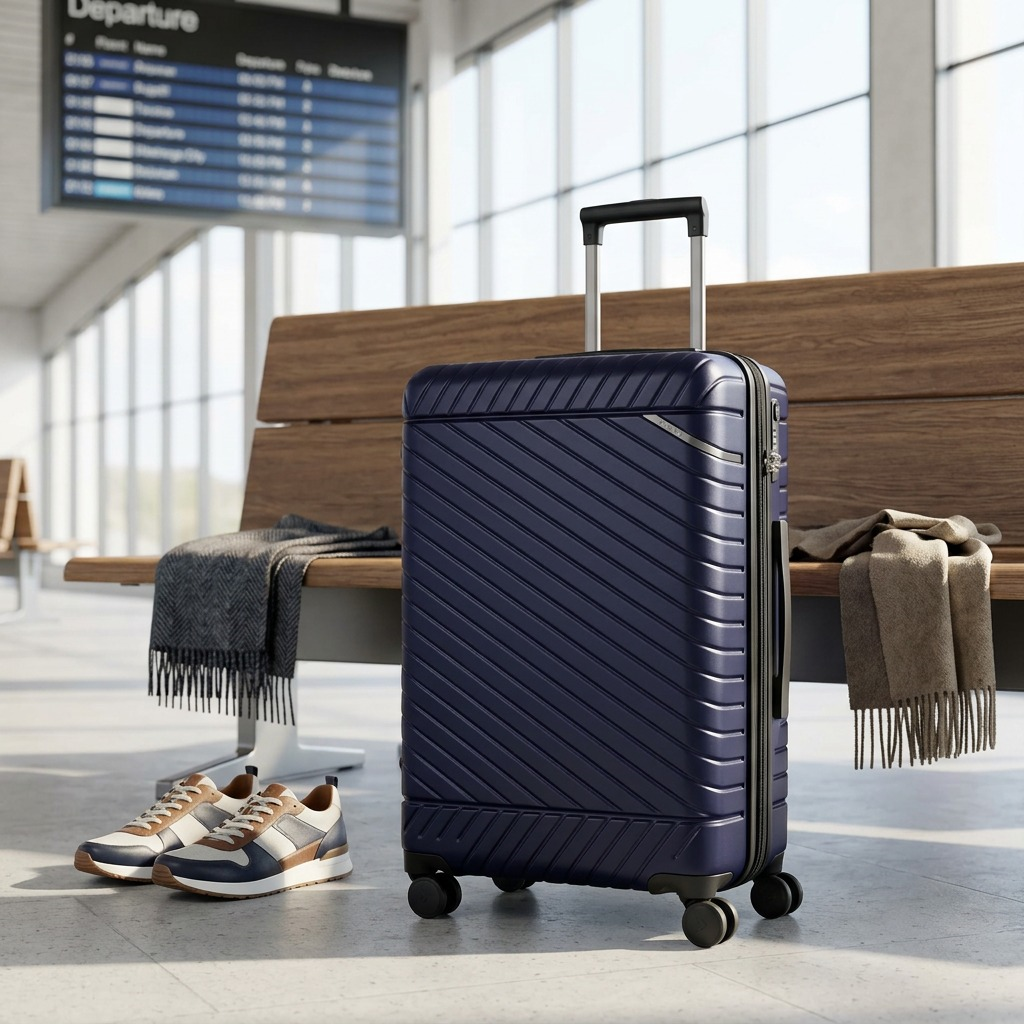 Navy Bugatti Oslo carry-on luggage standing in an airport terminal next to a wooden bench.