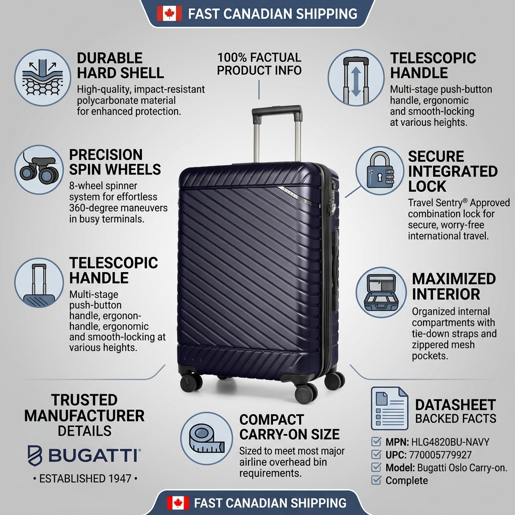 Bugatti Oslo navy carry-on suitcase infographic highlighting polycarbonate shell, TSA lock, and spinner wheels.