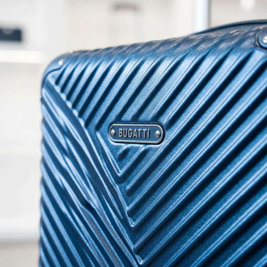 Macro detail of the Bugatti Oslo navy carry-on suitcase featuring a textured polycarbonate shell.