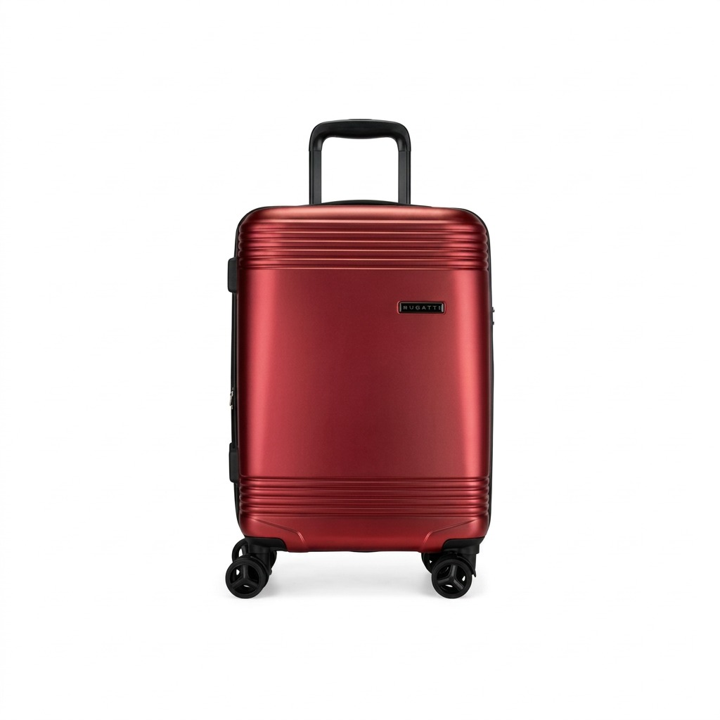 Red Bugatti Nashville carry-on luggage with textured shell, telescoping handle, and spinner wheels.