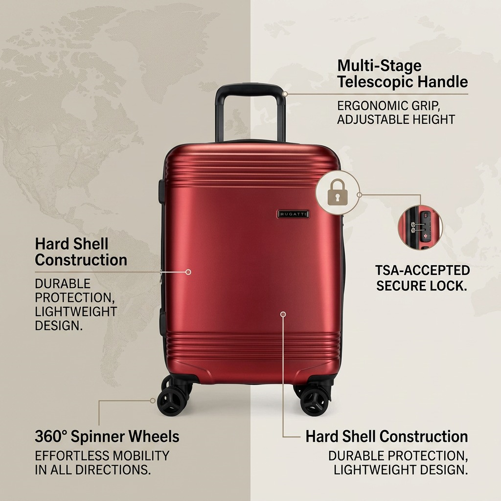 Red Bugatti Nashville carry-on highlighting its telescopic handle, TSA lock, and 360° spinner wheels.