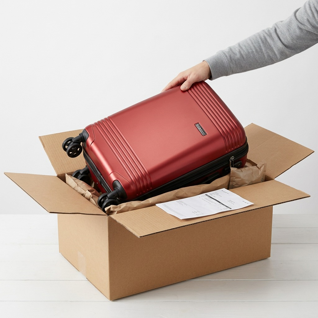 Red Bugatti Nashville carry-on luggage being unpacked from a protective cardboard shipping box.