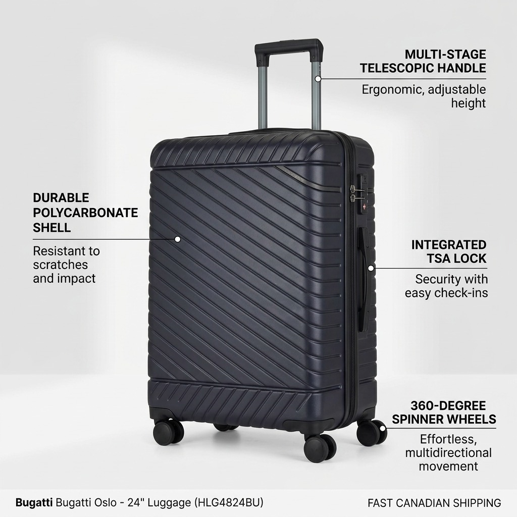 Bugatti Oslo 24-inch navy luggage graphic highlighting the telescopic handle, TSA lock, and spinner wheels.