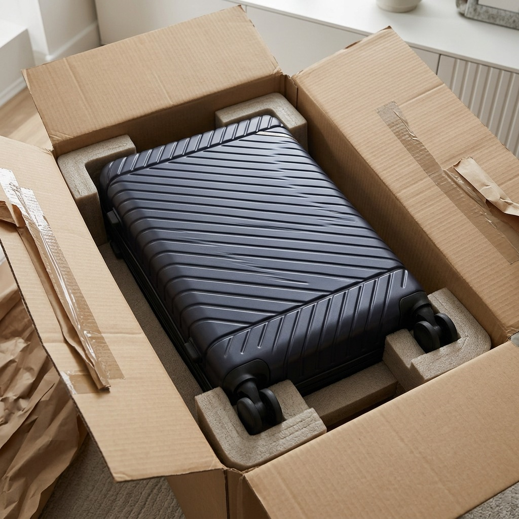 Bugatti Oslo 24-inch navy luggage secured with protective foam corners inside a shipping box.